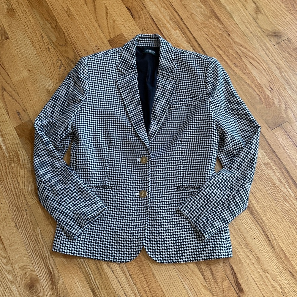 RALPH LAUREN Black and White Houndstooth Lined Gold Button Blazer, Size 10 - Picture 2 of 10